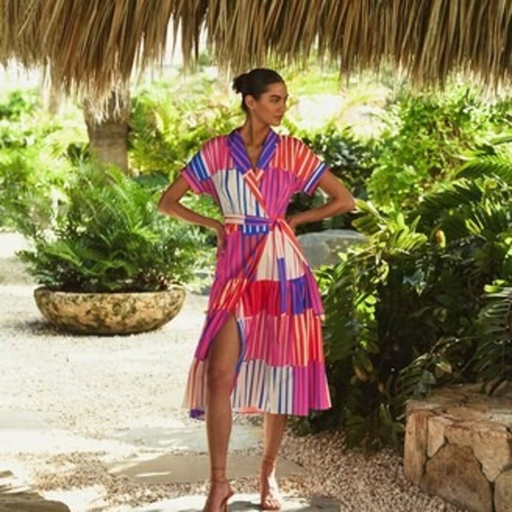 Hutch Rosen Colorful Striped High Slit 100% Cotton Midi Wrap Dress Size Medium